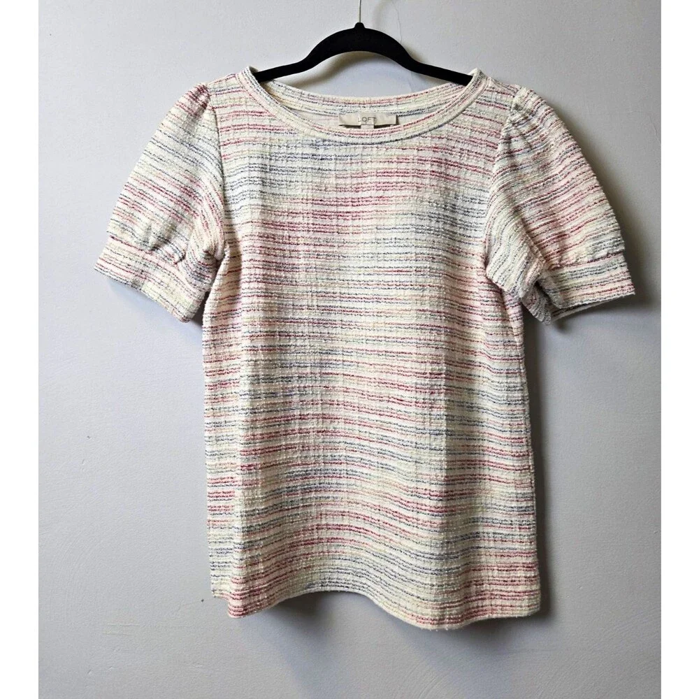 LOFT Ivory Multicolor Striped Puff Sleeve Knit Top Size XS